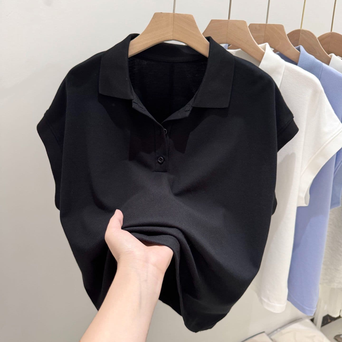 실사 POLO 칼라 반팔 티셔츠 여성 여름 루즈핏 한국 스타일 작은 키 쇼트 스타일 긍정적 인 어깨 폴로 칼라 삽입 어깨 소매 맨위 상세 이미지 9