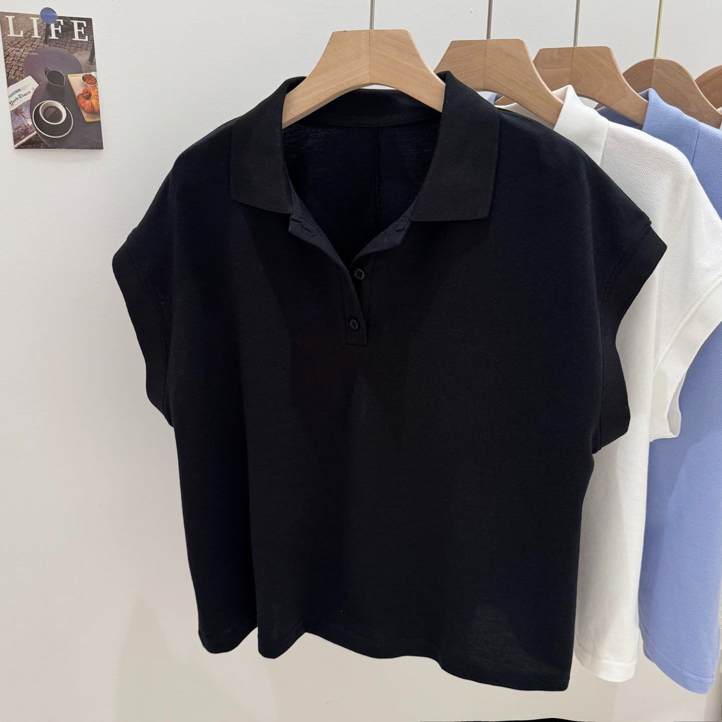 실사 POLO 칼라 반팔 티셔츠 여성 여름 루즈핏 한국 스타일 작은 키 쇼트 스타일 긍정적 인 어깨 폴로 칼라 삽입 어깨 소매 맨위 상세 이미지 10