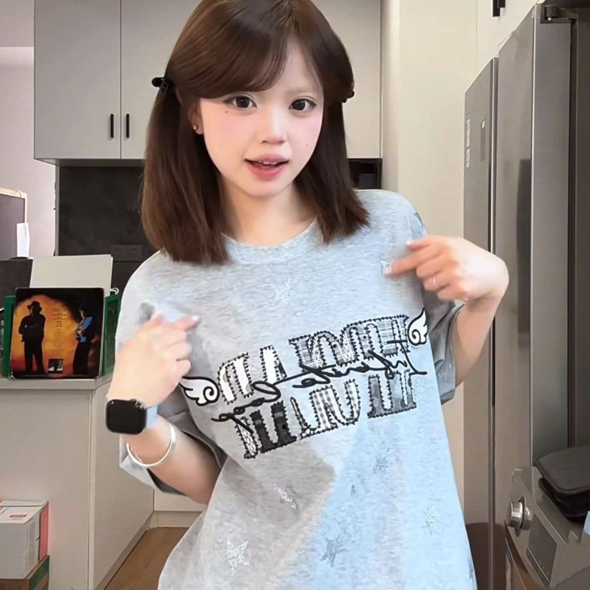 은 분말 프린트 자수 패치 네리 가게 천 순면 220 그램 반팔 티셔츠 여성 상세 이미지 9