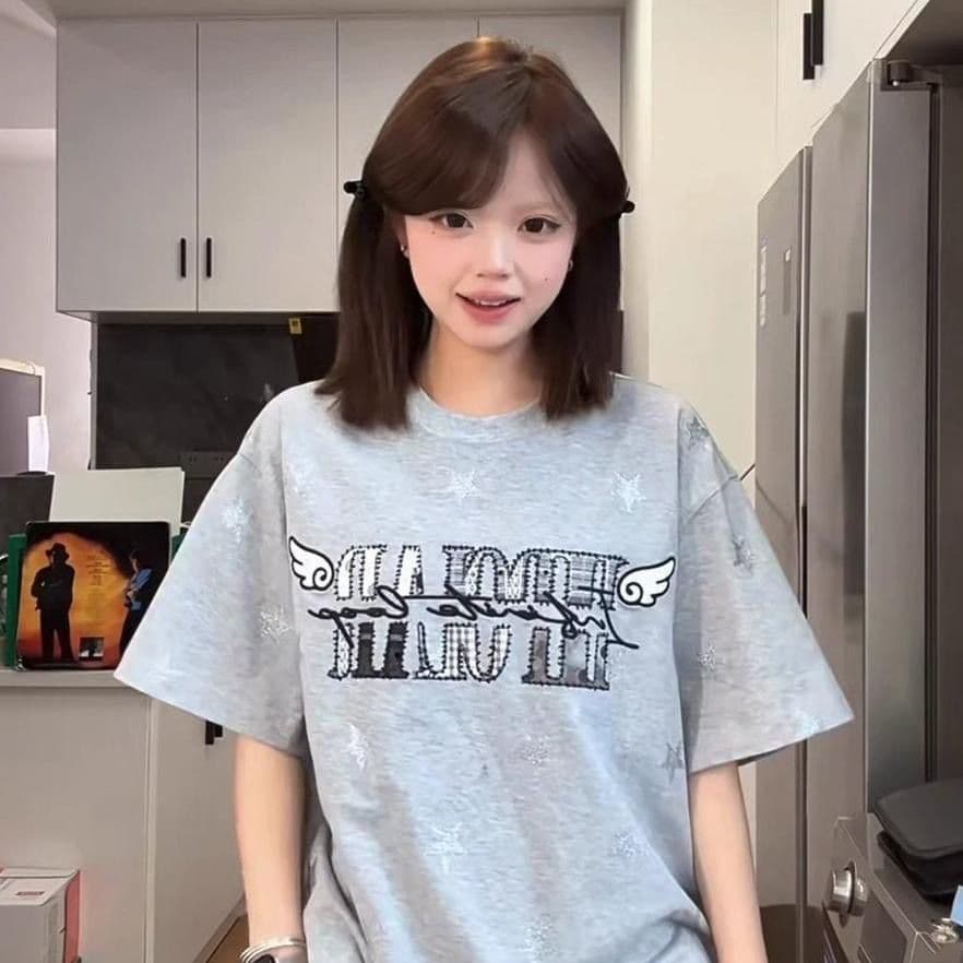 은 분말 프린트 자수 패치 네리 가게 천 순면 220 그램 반팔 티셔츠 여성 상세 이미지 10