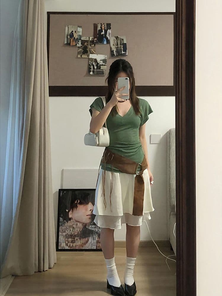 주간 실크 양모 V넥 긍정적 인 어깨 티셔츠 여성용 짧은 소매 여름 마이크로 ~을 통해 몸매 가꾸기 이끼색 얇은 스타일 맨위 상세 이미지 4