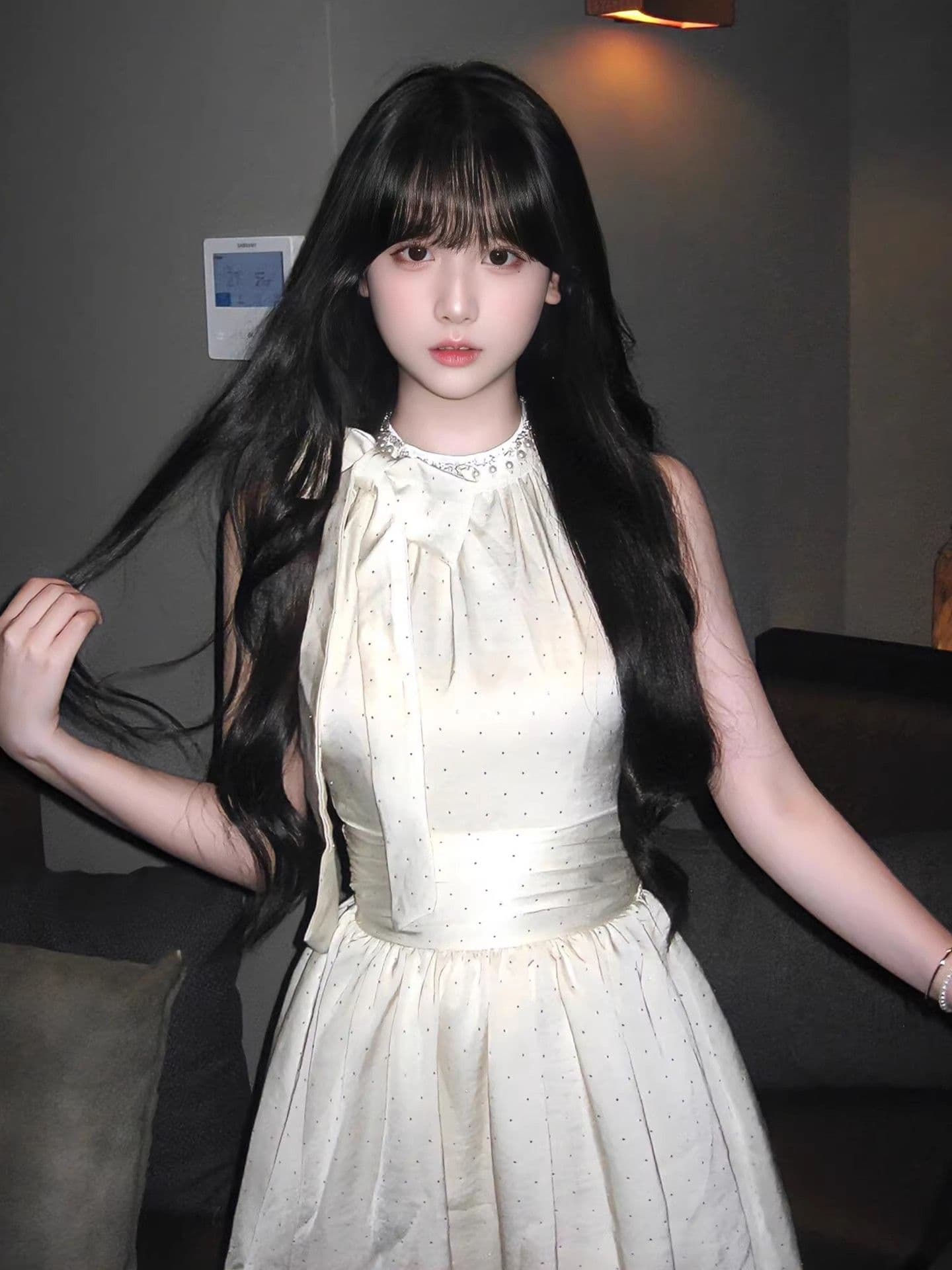 생일 party 작은 드레스 여성 고급 절묘한 명문 여성 천 골드 센스 진주 다이아몬드 세팅 나비 행침 목 매듭 도트 무늬 치마 이미지 3