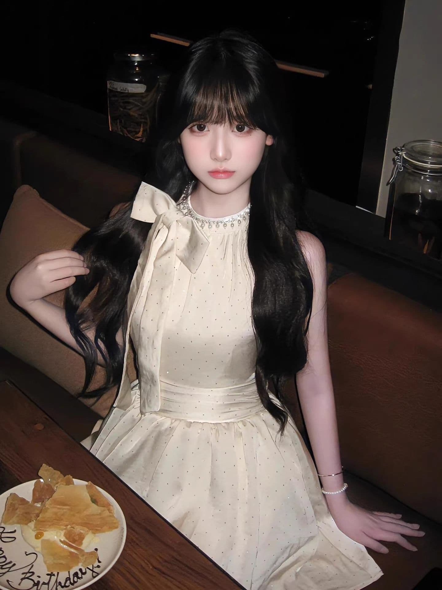 생일 party 작은 드레스 여성 고급 절묘한 명문 여성 천 골드 센스 진주 다이아몬드 세팅 나비 행침 목 매듭 도트 무늬 치마 상세 이미지 4