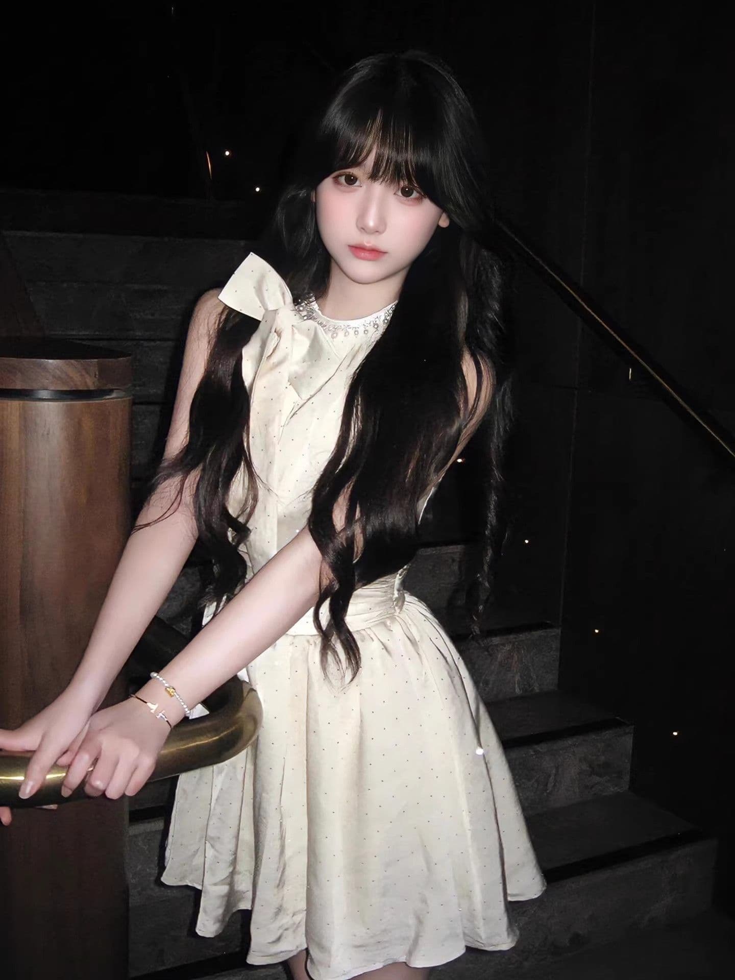 생일 party 작은 드레스 여성 고급 절묘한 명문 여성 천 골드 센스 진주 다이아몬드 세팅 나비 행침 목 매듭 도트 무늬 치마 상세 이미지 5