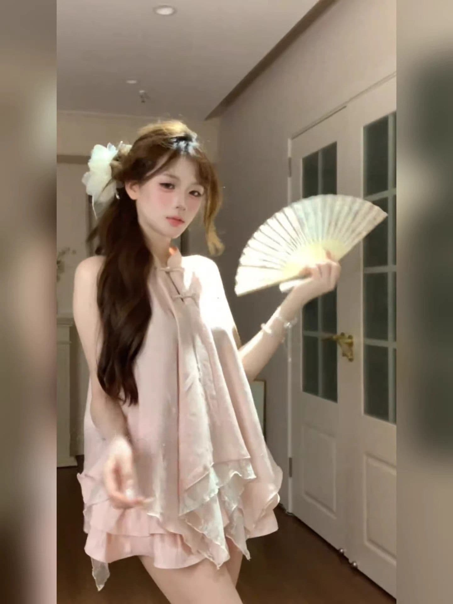 새로운 중식 세트 여성 여름 국풍 자이언트 잘 생긴 핑크색 불규칙 행침 목 맨위 케이크 하프 치마 전체 집합 이미지 4