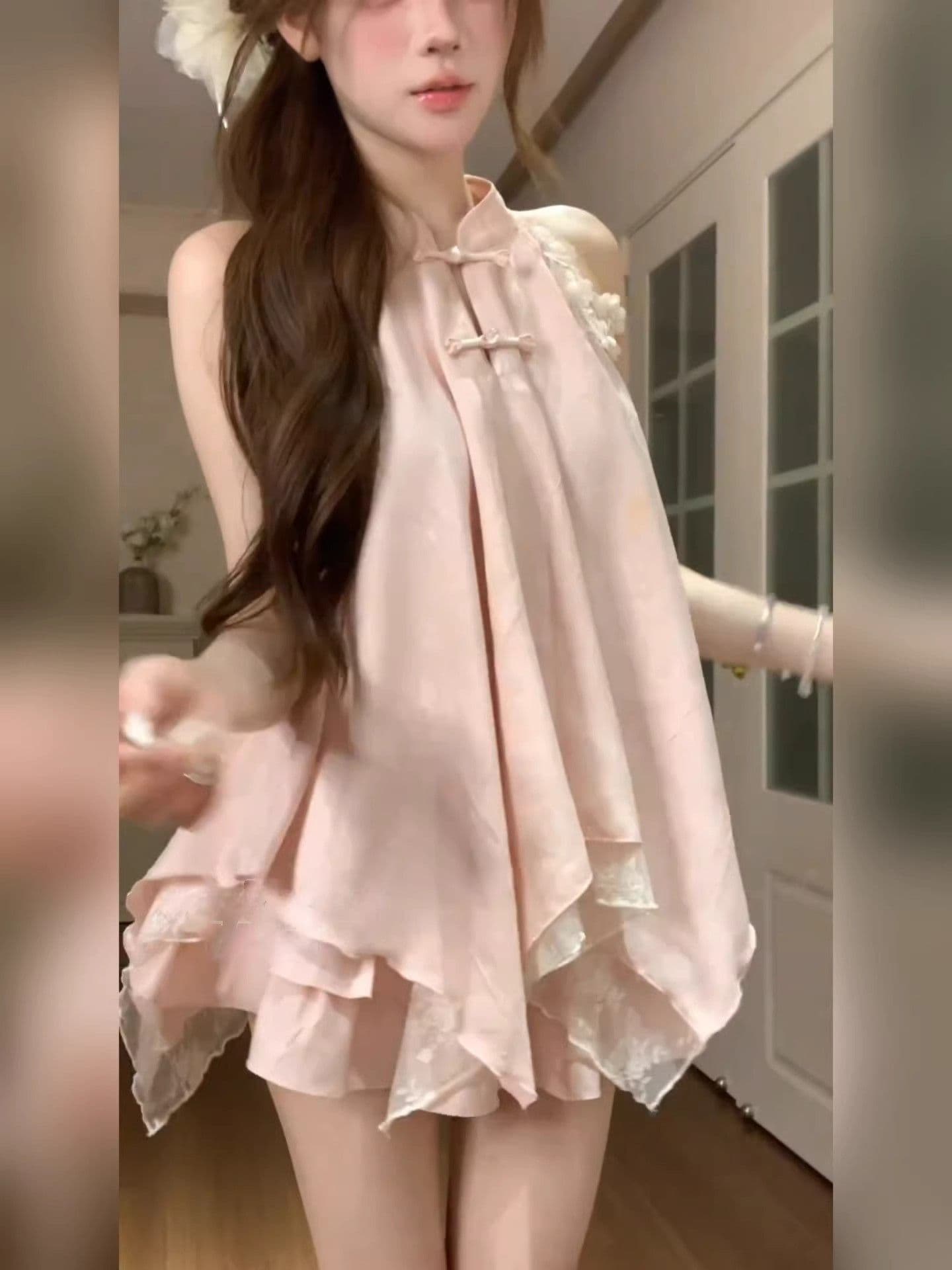 새로운 중식 세트 여성 여름 국풍 자이언트 잘 생긴 핑크색 불규칙 행침 목 맨위 케이크 하프 치마 전체 집합 이미지 5