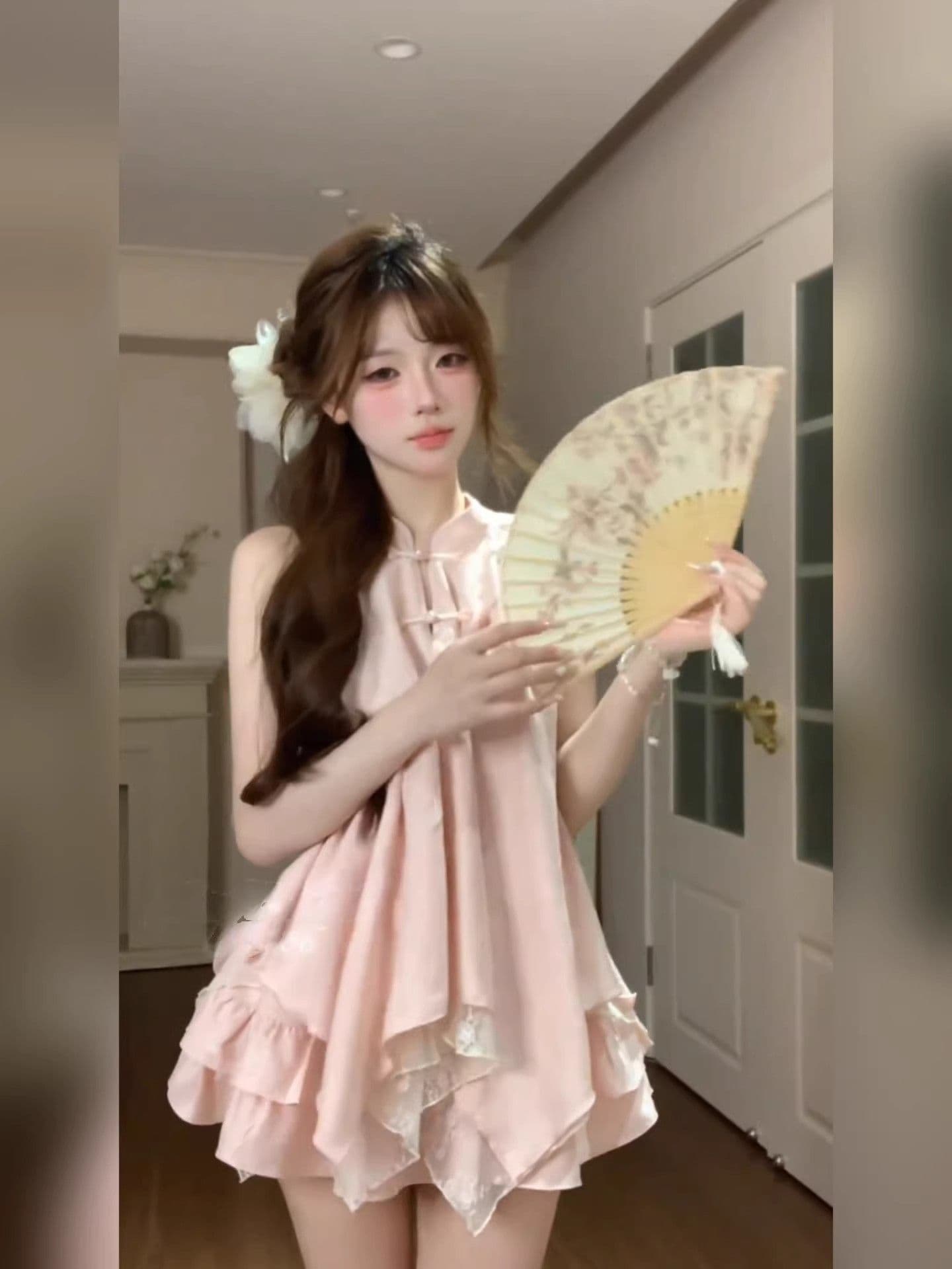 새로운 중식 세트 여성 여름 국풍 자이언트 잘 생긴 핑크색 불규칙 행침 목 맨위 케이크 하프 치마 전체 집합 상세 이미지 1