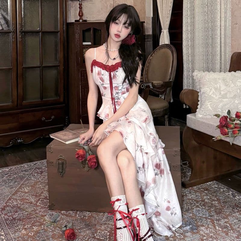 원본 것 있음 네리 프랑스식 차 휴식 프릴 꽃무늬 불규칙 아름다운 해변가 휴가 바람 허리 수축 롱 스커트 이미지 5