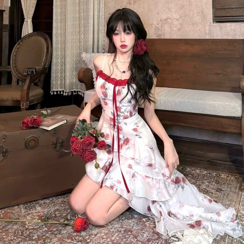 원본 것 있음 네리 프랑스식 차 휴식 프릴 꽃무늬 불규칙 아름다운 해변가 휴가 바람 허리 수축 롱 스커트 이미지 2