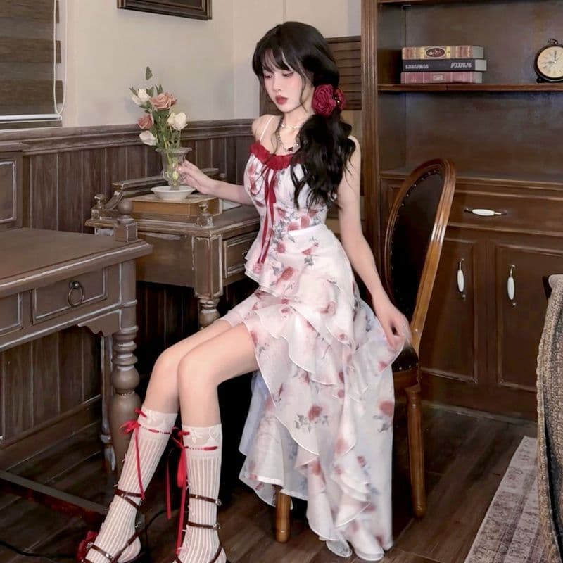 원본 것 있음 네리 프랑스식 차 휴식 프릴 꽃무늬 불규칙 아름다운 해변가 휴가 바람 허리 수축 롱 스커트 이미지 4