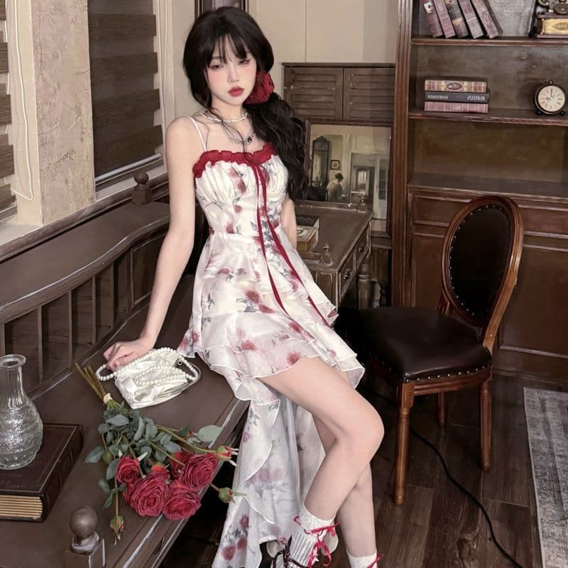 원본 것 있음 네리 프랑스식 차 휴식 프릴 꽃무늬 불규칙 아름다운 해변가 휴가 바람 허리 수축 롱 스커트 이미지 3