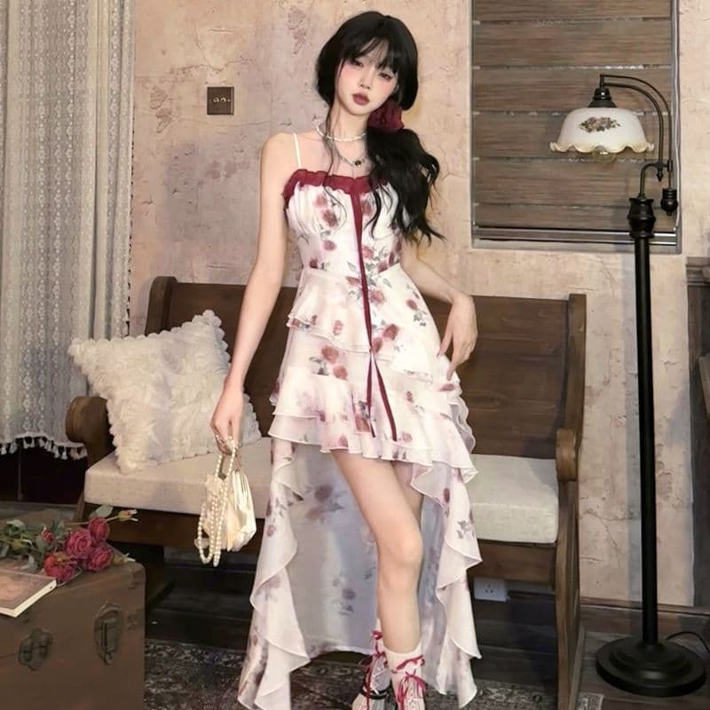 원본 것 있음 네리 프랑스식 차 휴식 프릴 꽃무늬 불규칙 아름다운 해변가 휴가 바람 허리 수축 롱 스커트
