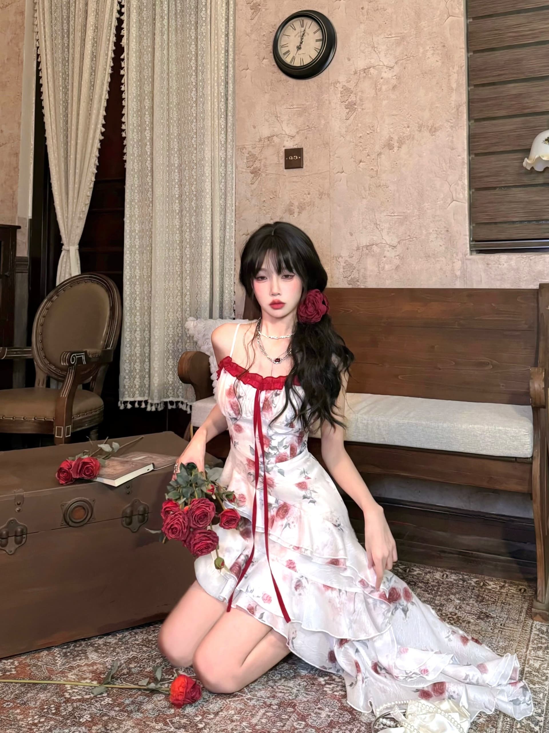 원본 것 있음 네리 프랑스식 차 휴식 프릴 꽃무늬 불규칙 아름다운 해변가 휴가 바람 허리 수축 롱 스커트 상세 이미지 1