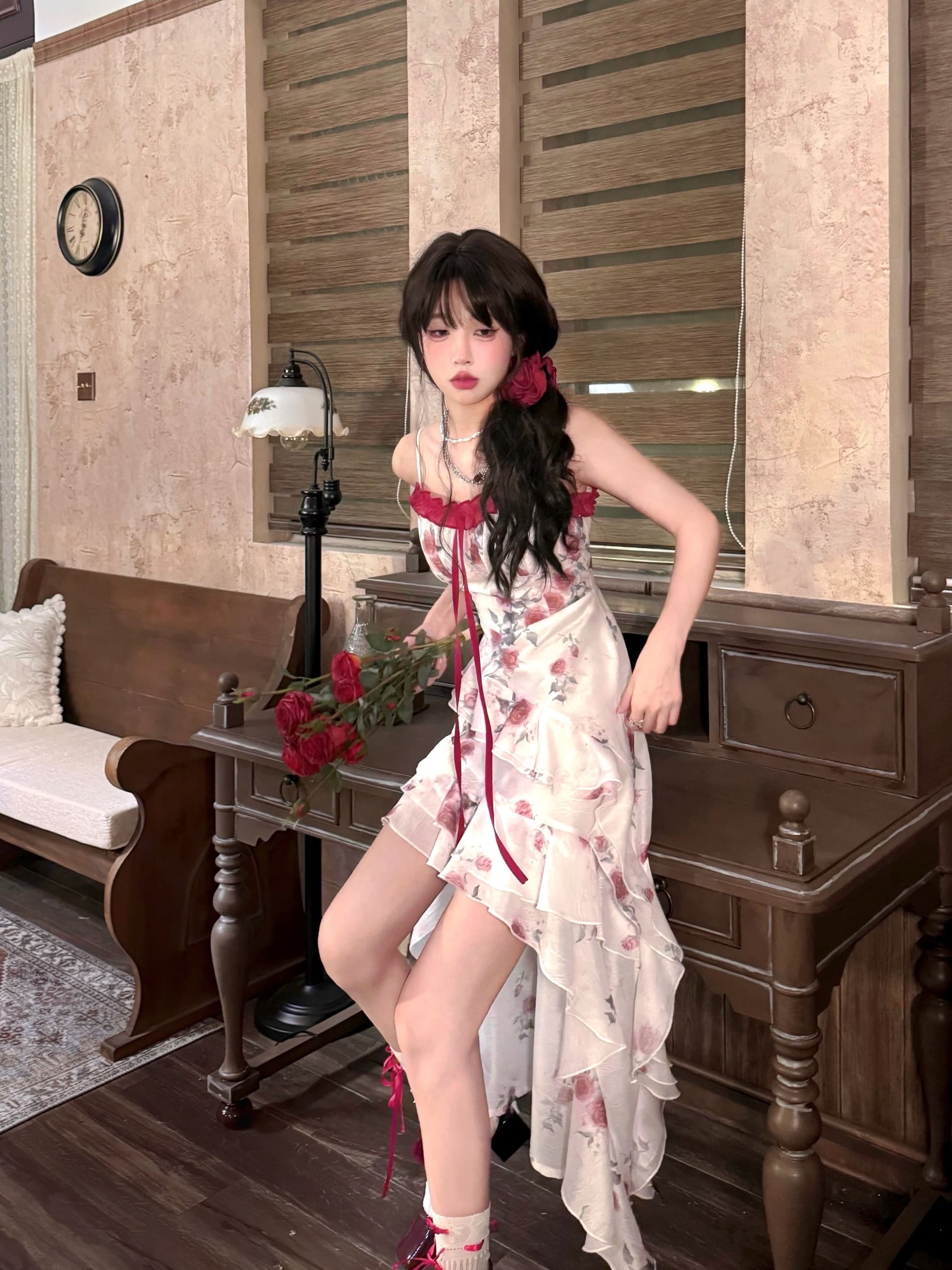 원본 것 있음 네리 프랑스식 차 휴식 프릴 꽃무늬 불규칙 아름다운 해변가 휴가 바람 허리 수축 롱 스커트 상세 이미지 4