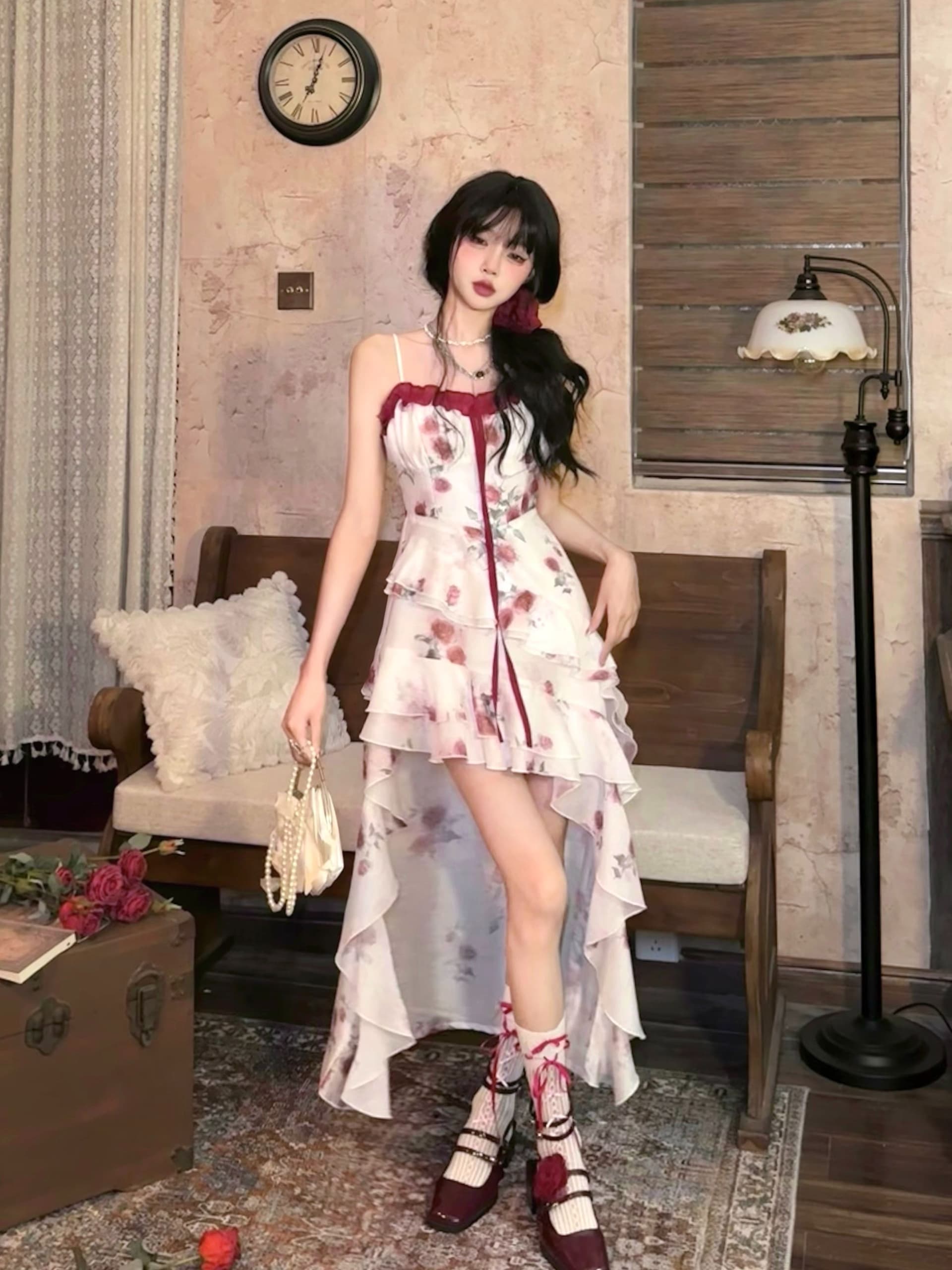 원본 것 있음 네리 프랑스식 차 휴식 프릴 꽃무늬 불규칙 아름다운 해변가 휴가 바람 허리 수축 롱 스커트 상세 이미지 6