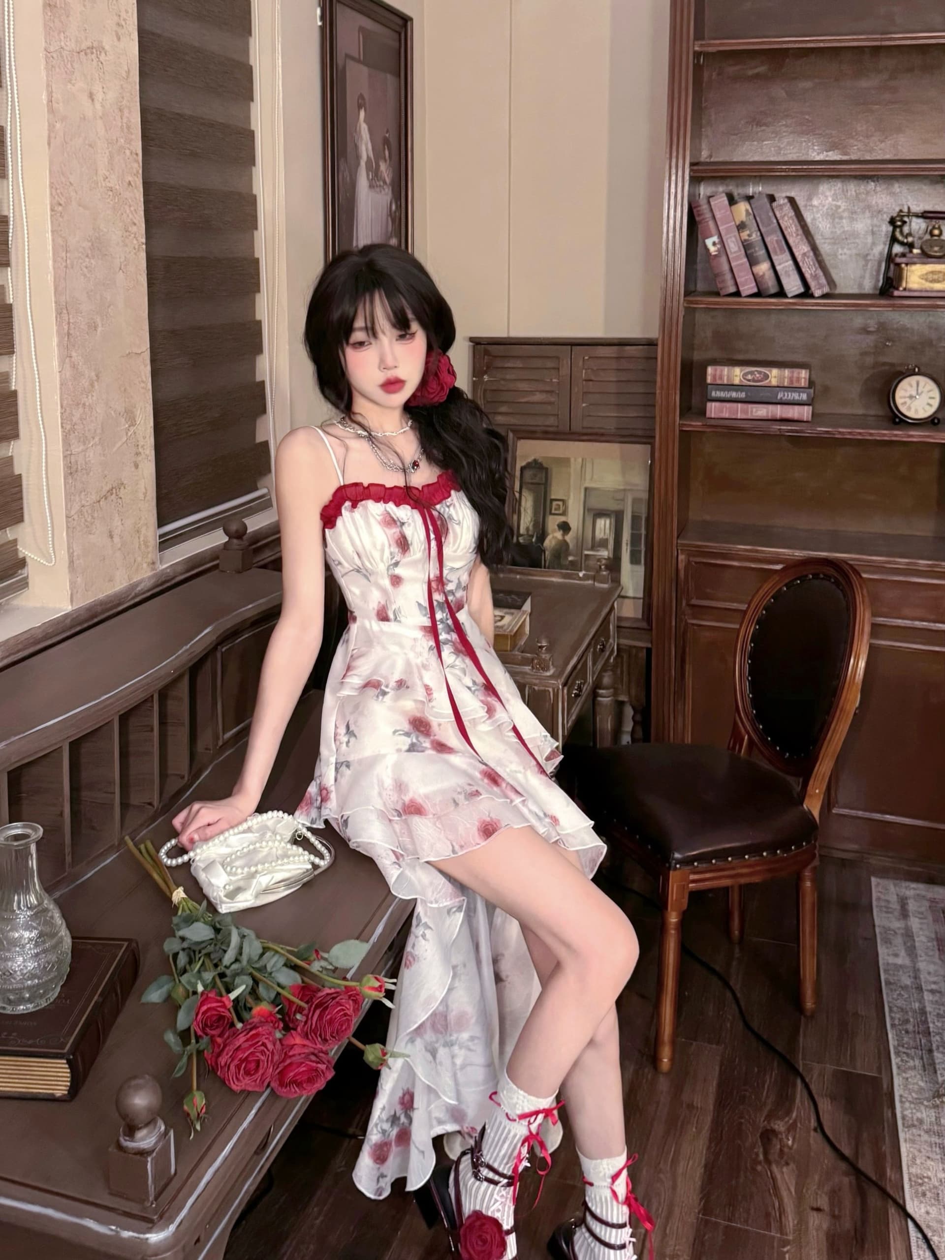 원본 것 있음 네리 프랑스식 차 휴식 프릴 꽃무늬 불규칙 아름다운 해변가 휴가 바람 허리 수축 롱 스커트 상세 이미지 9