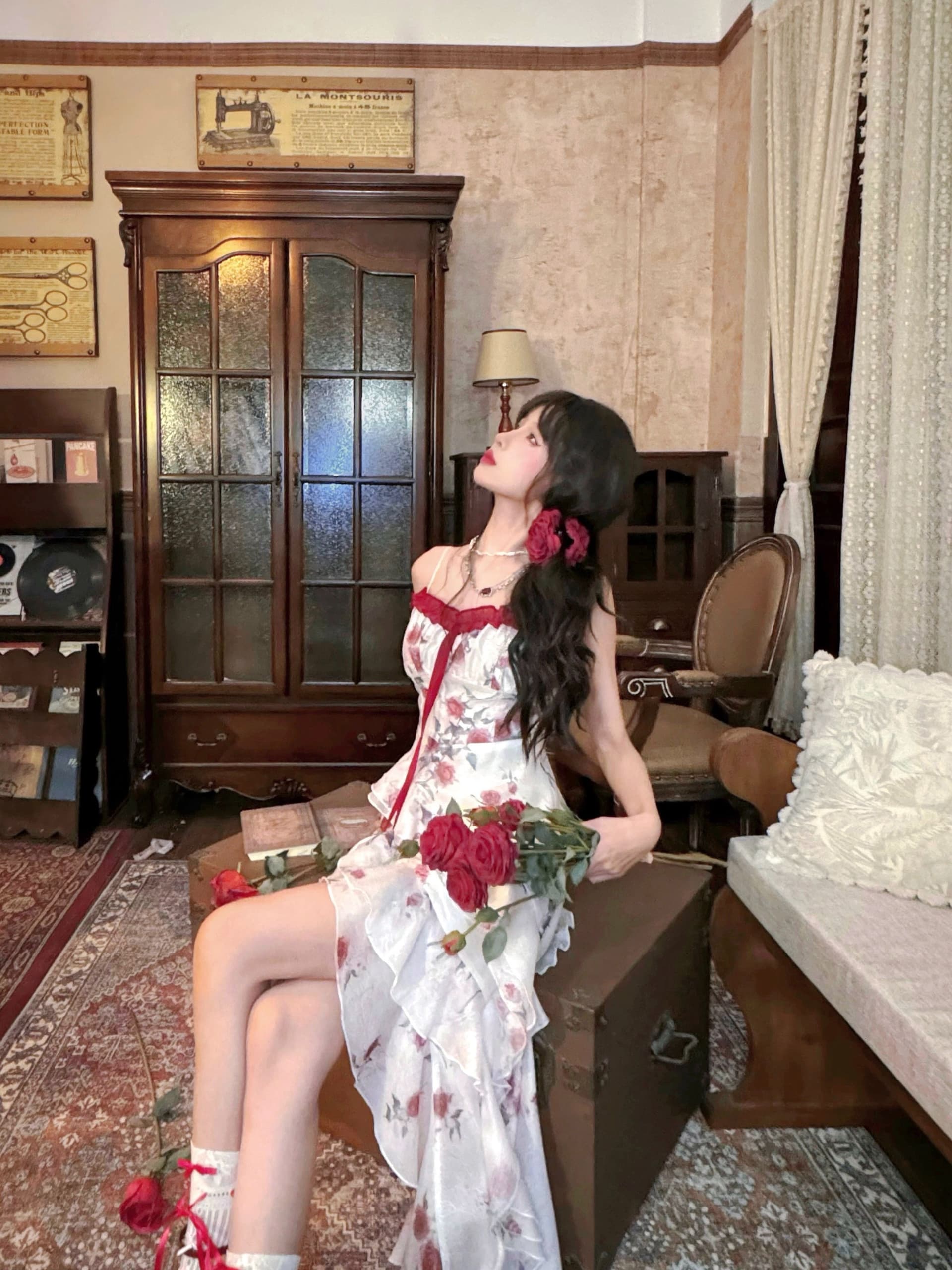 원본 것 있음 네리 프랑스식 차 휴식 프릴 꽃무늬 불규칙 아름다운 해변가 휴가 바람 허리 수축 롱 스커트 상세 이미지 10