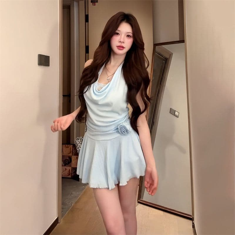 페이크 레이어드 슬립 행침 목 레이스 드레스 아이들 2026 여름 새로운 품격 순수한 욕망 핫걸 허리 수축 미니 스커트