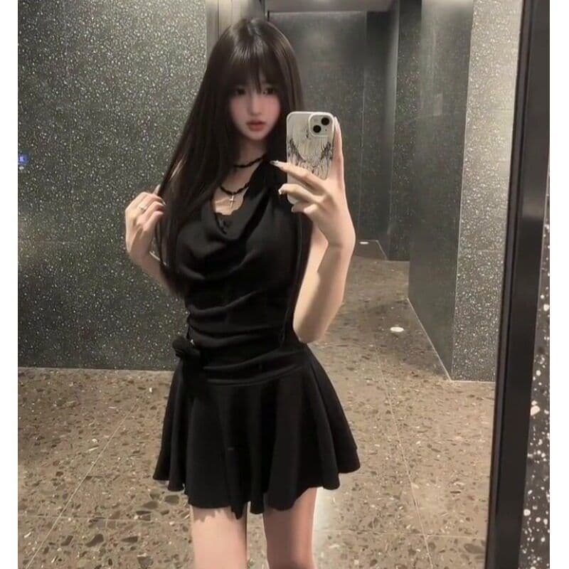 페이크 레이어드 슬립 행침 목 레이스 드레스 아이들 2026 여름 새로운 품격 순수한 욕망 핫걸 허리 수축 미니 스커트 이미지 2