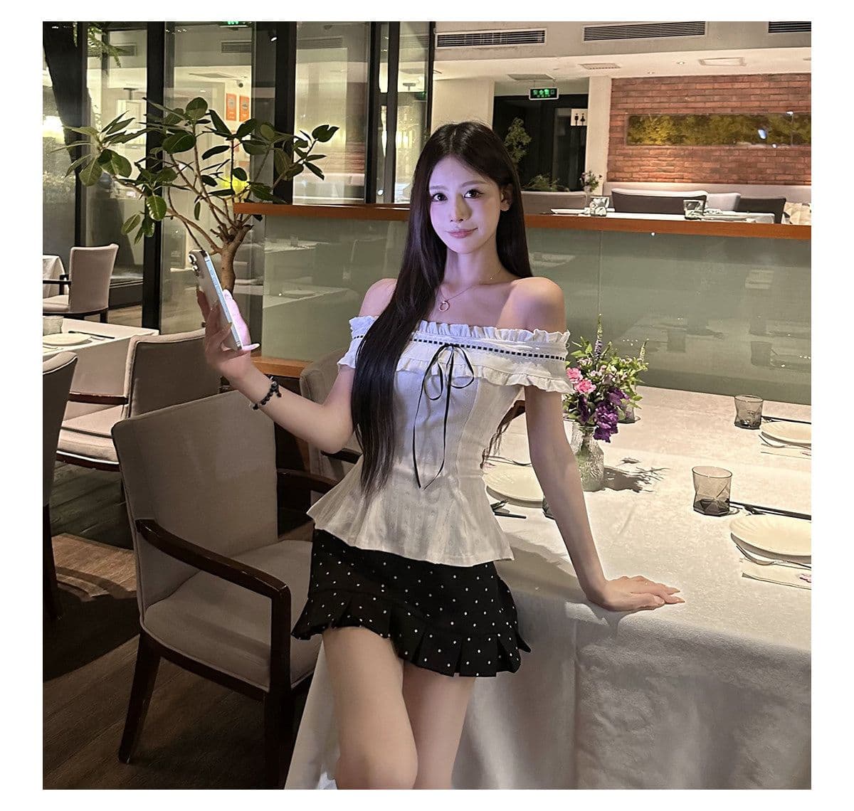 프랑스식 순수한 욕망 달콤함 몸매 가꾸기 오프숄더 맨위 투피스 슈트 여성 디자인 센스 도트 무늬 반신 짧은 치마 여름 상세 이미지 2