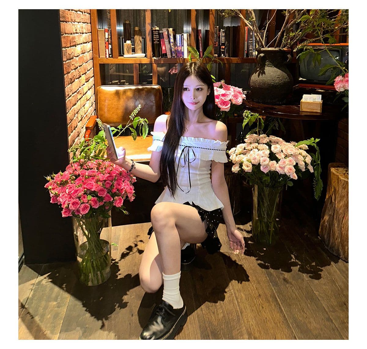 프랑스식 순수한 욕망 달콤함 몸매 가꾸기 오프숄더 맨위 투피스 슈트 여성 디자인 센스 도트 무늬 반신 짧은 치마 여름 상세 이미지 3
