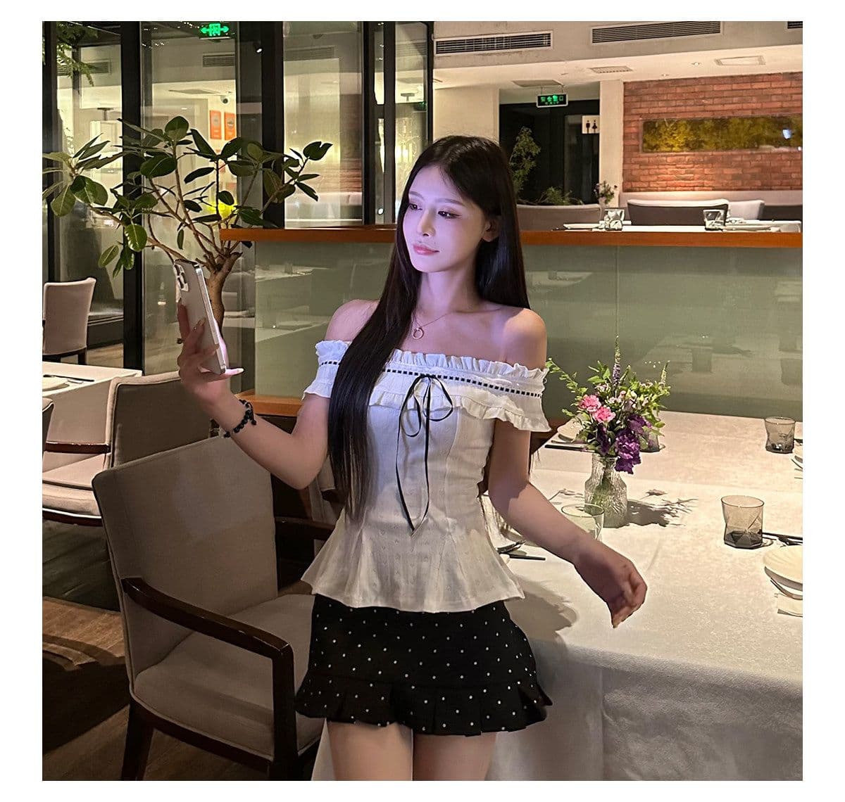 프랑스식 순수한 욕망 달콤함 몸매 가꾸기 오프숄더 맨위 투피스 슈트 여성 디자인 센스 도트 무늬 반신 짧은 치마 여름 상세 이미지 6