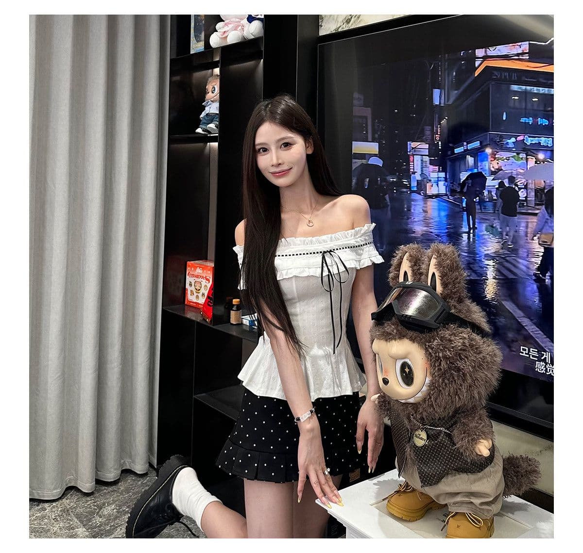 프랑스식 순수한 욕망 달콤함 몸매 가꾸기 오프숄더 맨위 투피스 슈트 여성 디자인 센스 도트 무늬 반신 짧은 치마 여름 상세 이미지 7