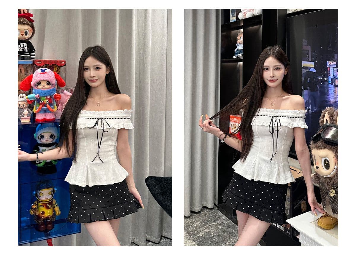 프랑스식 순수한 욕망 달콤함 몸매 가꾸기 오프숄더 맨위 투피스 슈트 여성 디자인 센스 도트 무늬 반신 짧은 치마 여름 상세 이미지 8