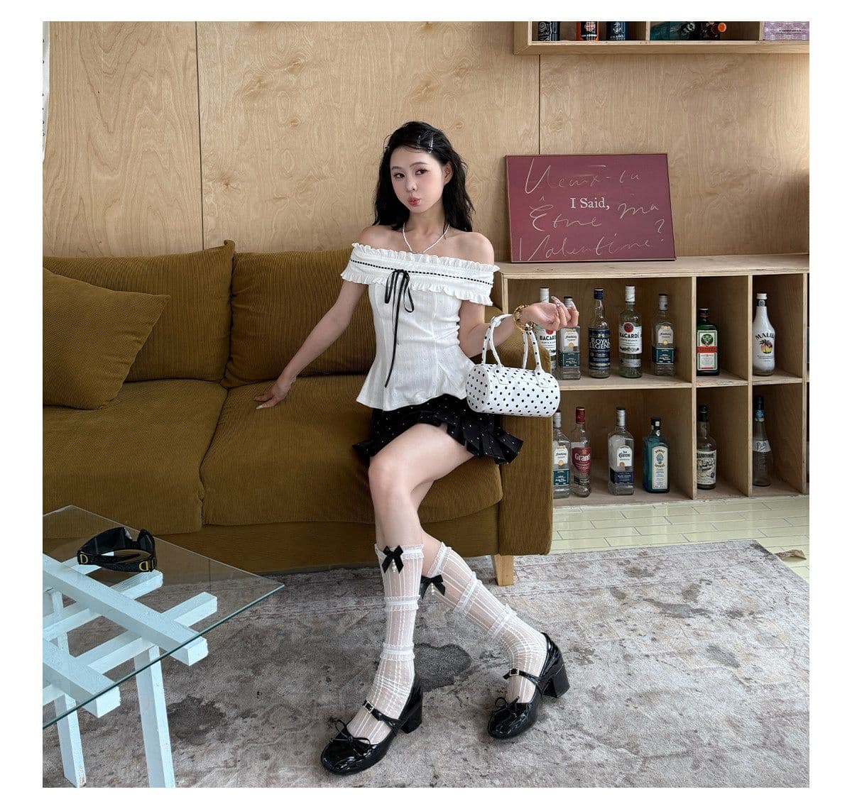 프랑스식 순수한 욕망 달콤함 몸매 가꾸기 오프숄더 맨위 투피스 슈트 여성 디자인 센스 도트 무늬 반신 짧은 치마 여름 상세 이미지 16