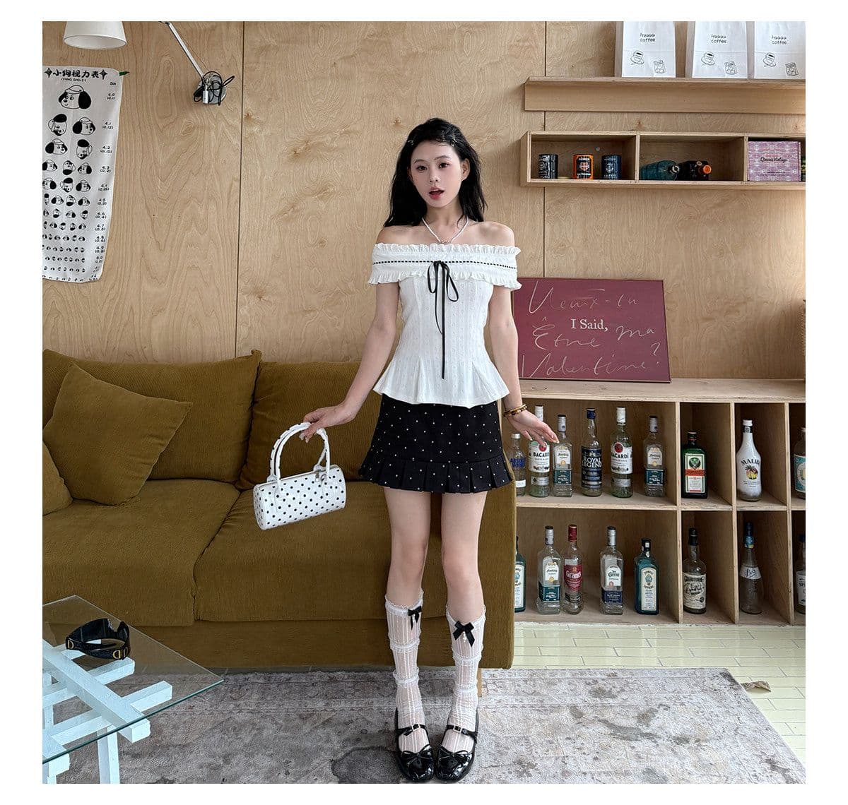 프랑스식 순수한 욕망 달콤함 몸매 가꾸기 오프숄더 맨위 투피스 슈트 여성 디자인 센스 도트 무늬 반신 짧은 치마 여름 상세 이미지 17