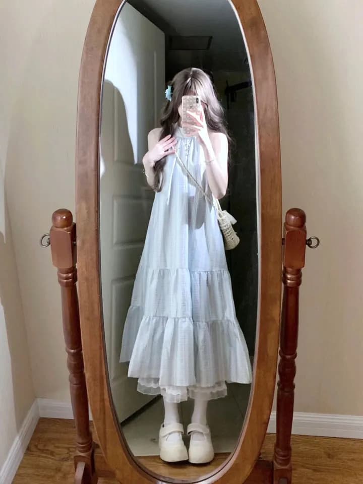 센 부서 달콤함 행침 목 체크무늬 여성 드레스 새로운 레이스업 슬림해 보이는 라운드 넥 민소매 패치워크 레이스 한 마디 롱 스커트 이미지 2