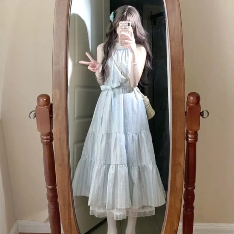 센 부서 달콤함 행침 목 체크무늬 여성 드레스 새로운 레이스업 슬림해 보이는 라운드 넥 민소매 패치워크 레이스 한 마디 롱 스커트 이미지 5
