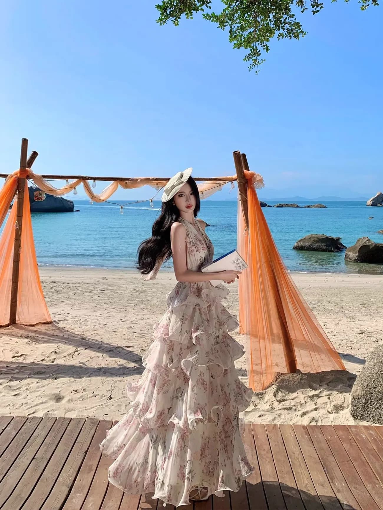 원본 원단 프랑스식 꽃무늬 백리스 행침 목 여성 드레스 여름 해변가 품격 허리 수축 케이크 롱 스커트 이미지 3