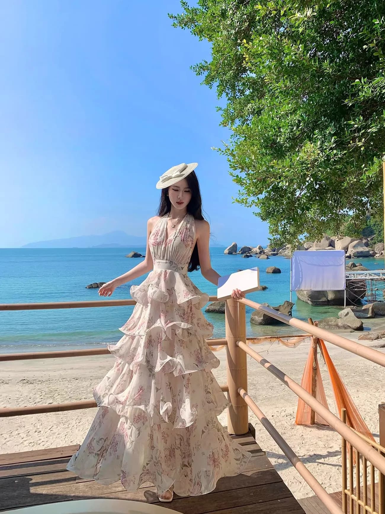 원본 원단 프랑스식 꽃무늬 백리스 행침 목 여성 드레스 여름 해변가 품격 허리 수축 케이크 롱 스커트 상세 이미지 1