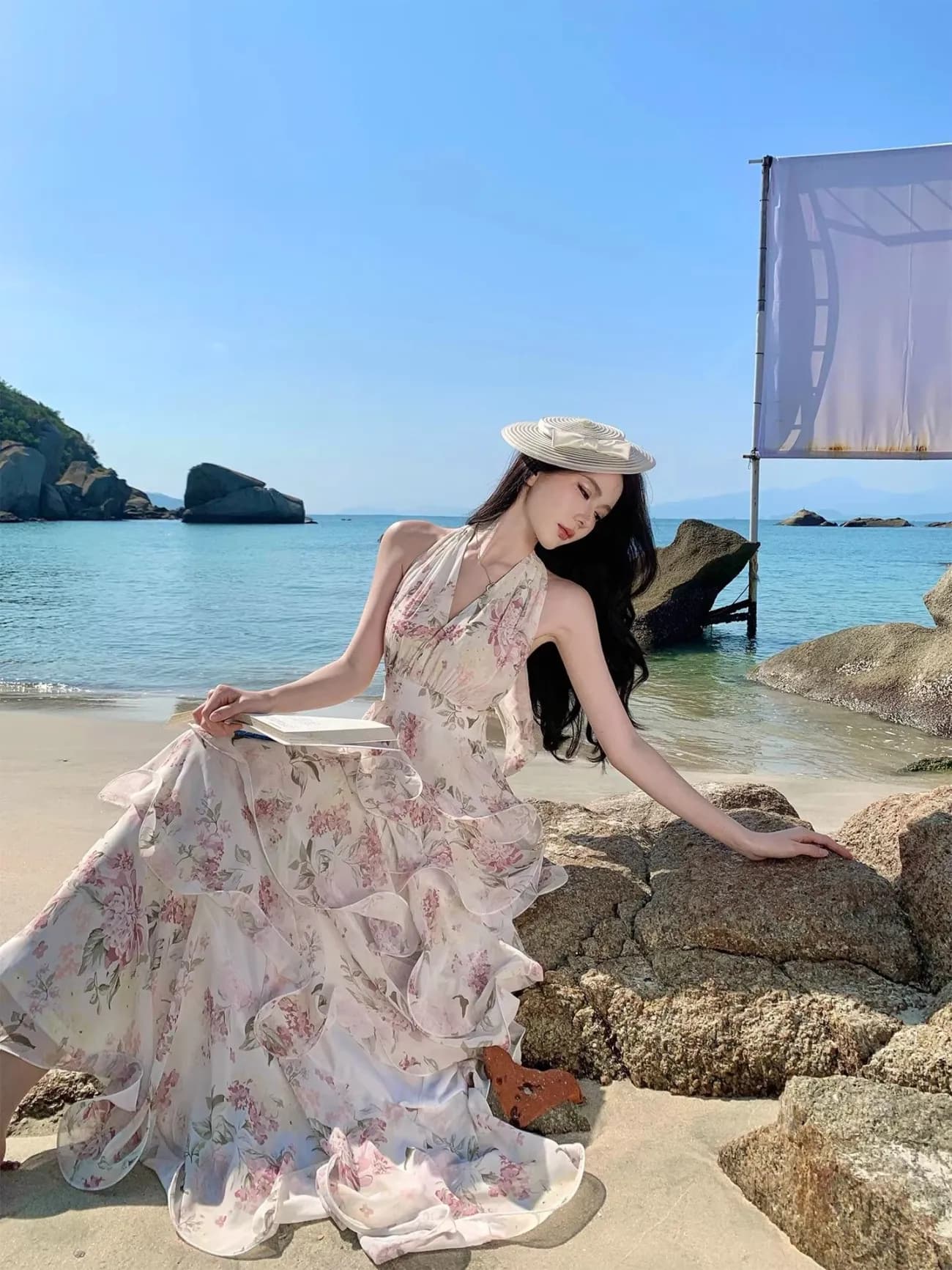 원본 원단 프랑스식 꽃무늬 백리스 행침 목 여성 드레스 여름 해변가 품격 허리 수축 케이크 롱 스커트 상세 이미지 5