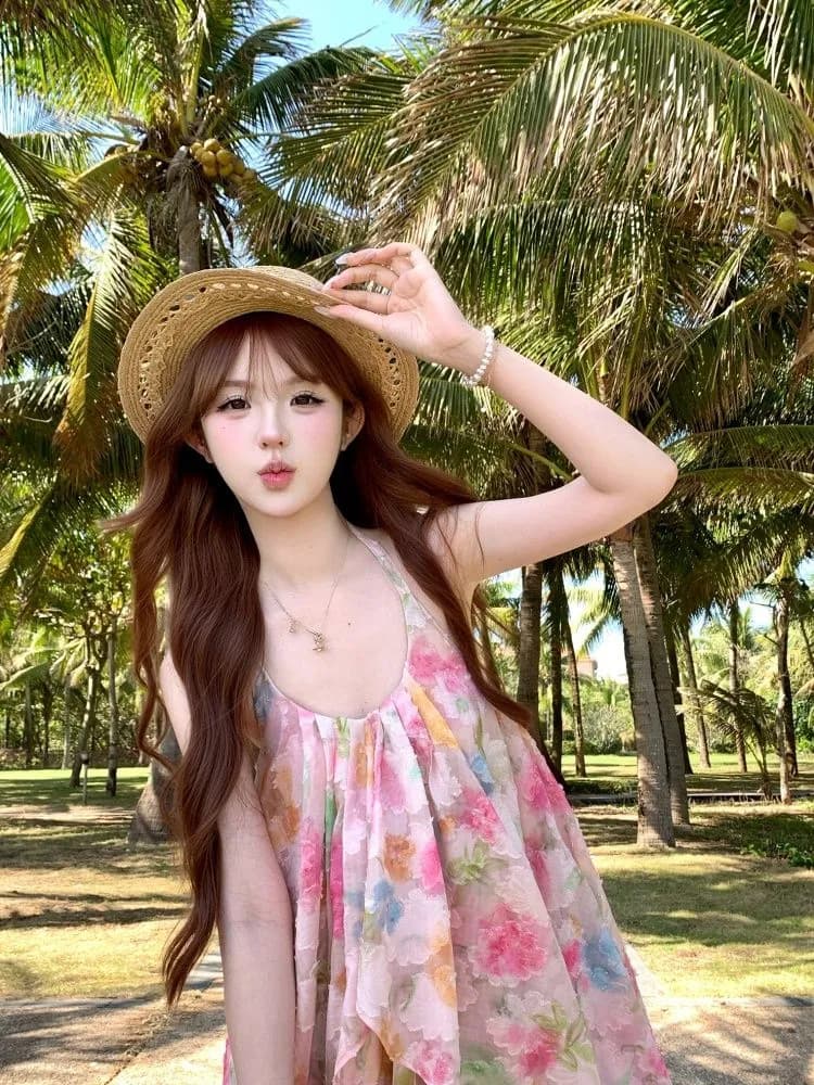 원본 자카드 원단 핑크색 꽃무늬 백리스 행침 목 여성 드레스 여름 휴가 아름다운 품격 치마