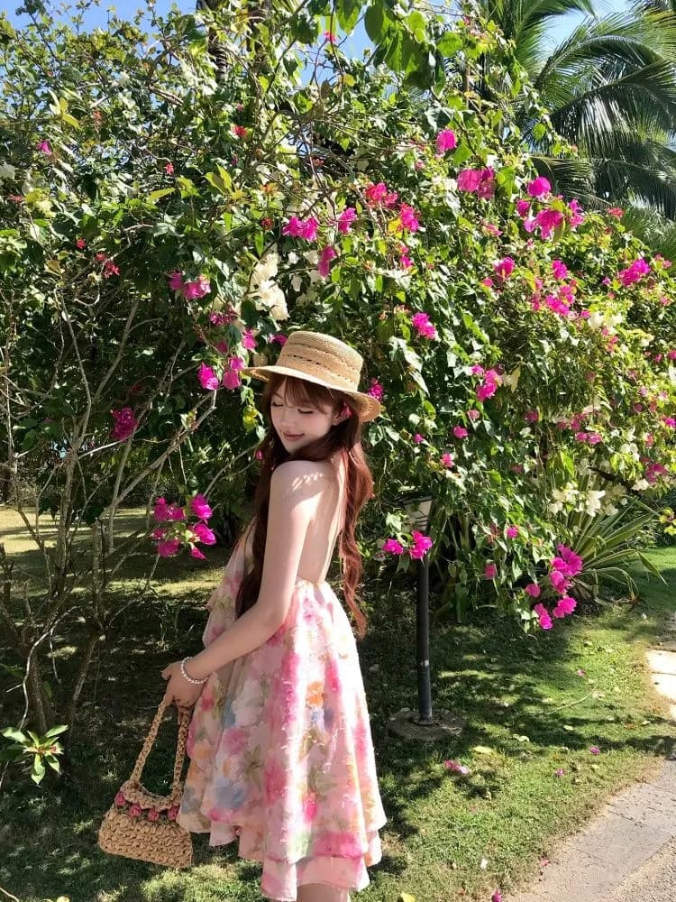 원본 자카드 원단 핑크색 꽃무늬 백리스 행침 목 여성 드레스 여름 휴가 아름다운 품격 치마 이미지 3