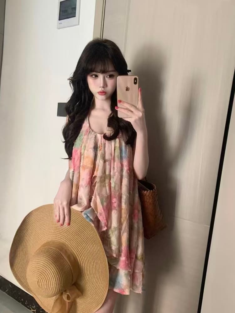원본 자카드 원단 핑크색 꽃무늬 백리스 행침 목 여성 드레스 여름 휴가 아름다운 품격 치마 상세 이미지 3