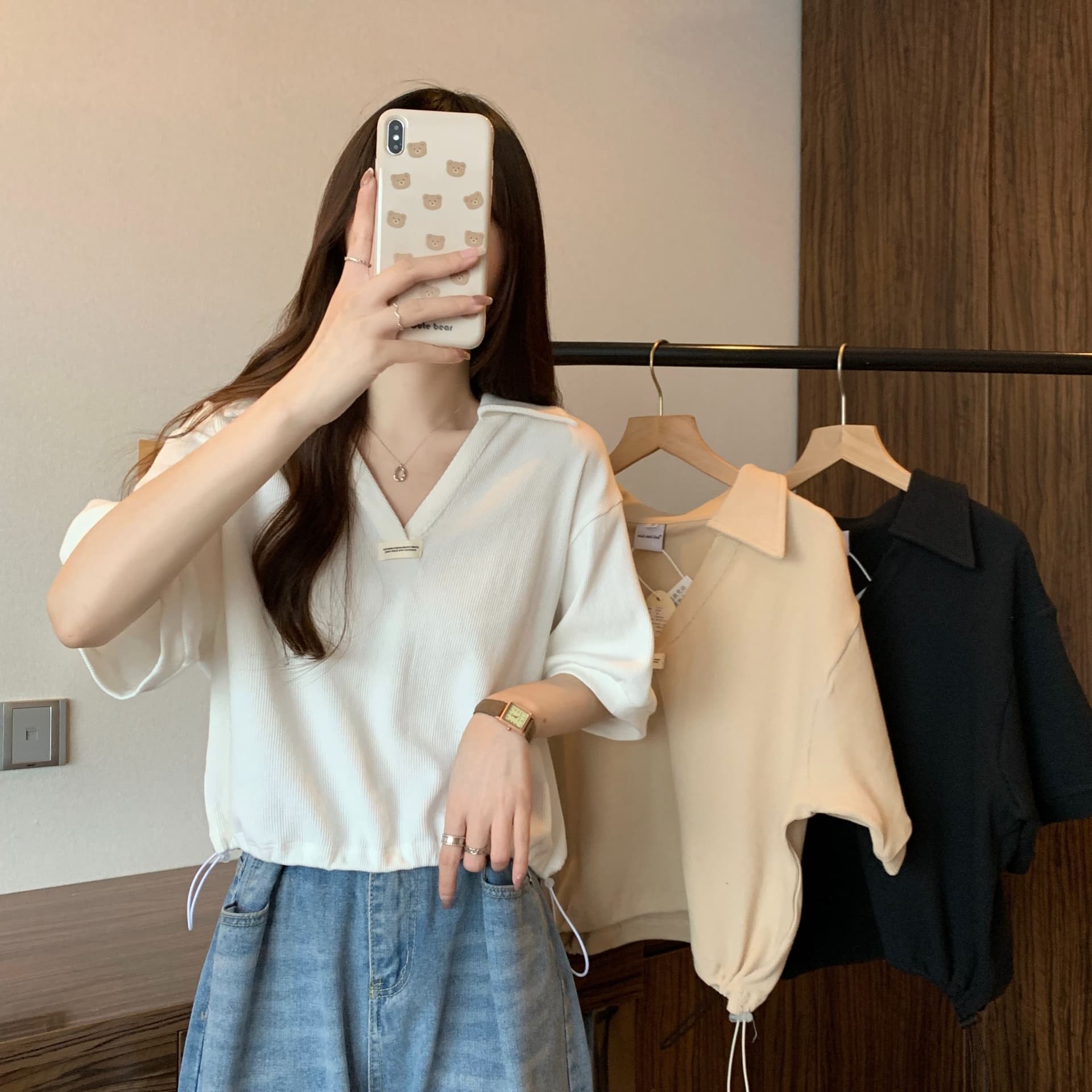 실사 35 면 POLO 칼라 쇼트 스타일 반팔 티셔츠 여성 봄 2025 새로운 티셔츠 맨위 POLO 셔츠 이미지 5