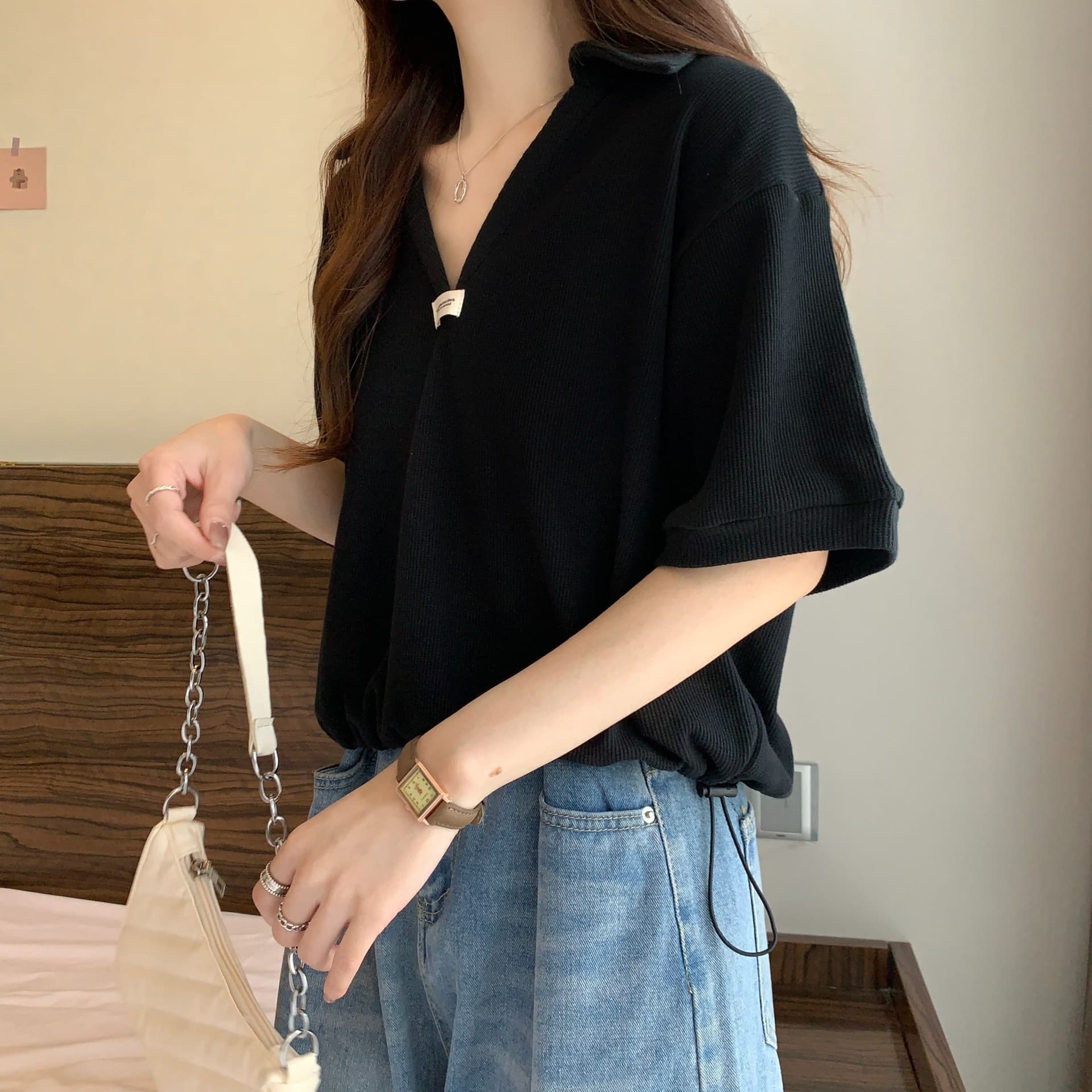 실사 35 면 POLO 칼라 쇼트 스타일 반팔 티셔츠 여성 봄 2025 새로운 티셔츠 맨위 POLO 셔츠 이미지 2