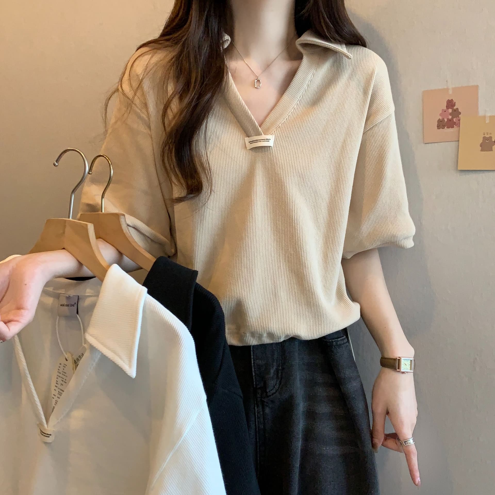 실사 35 면 POLO 칼라 쇼트 스타일 반팔 티셔츠 여성 봄 2025 새로운 티셔츠 맨위 POLO 셔츠