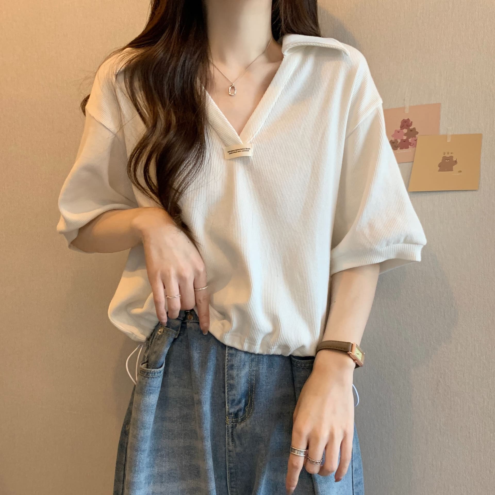 실사 35 면 POLO 칼라 쇼트 스타일 반팔 티셔츠 여성 봄 2025 새로운 티셔츠 맨위 POLO 셔츠 상세 이미지 4