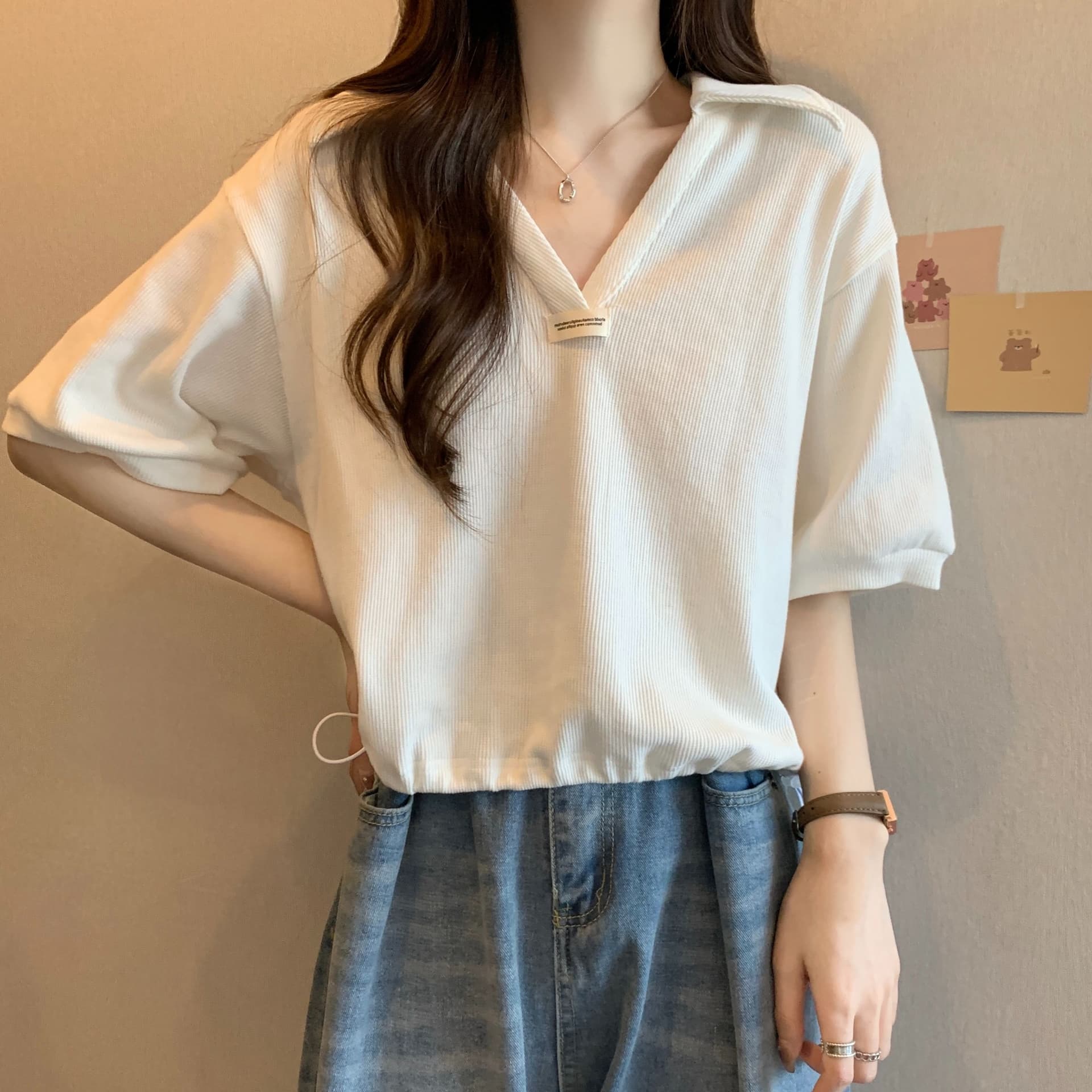 실사 35 면 POLO 칼라 쇼트 스타일 반팔 티셔츠 여성 봄 2025 새로운 티셔츠 맨위 POLO 셔츠 상세 이미지 5