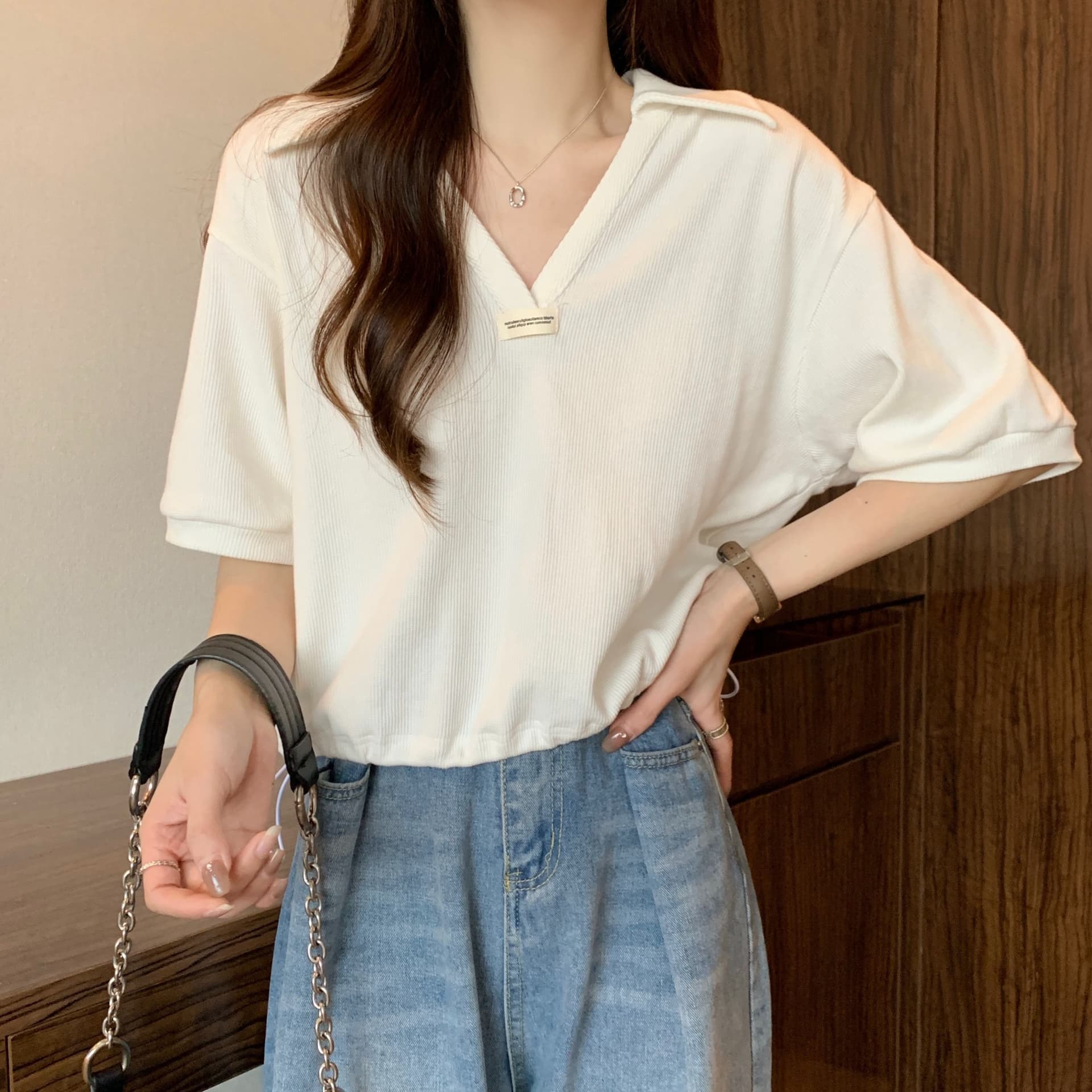 실사 35 면 POLO 칼라 쇼트 스타일 반팔 티셔츠 여성 봄 2025 새로운 티셔츠 맨위 POLO 셔츠 상세 이미지 6