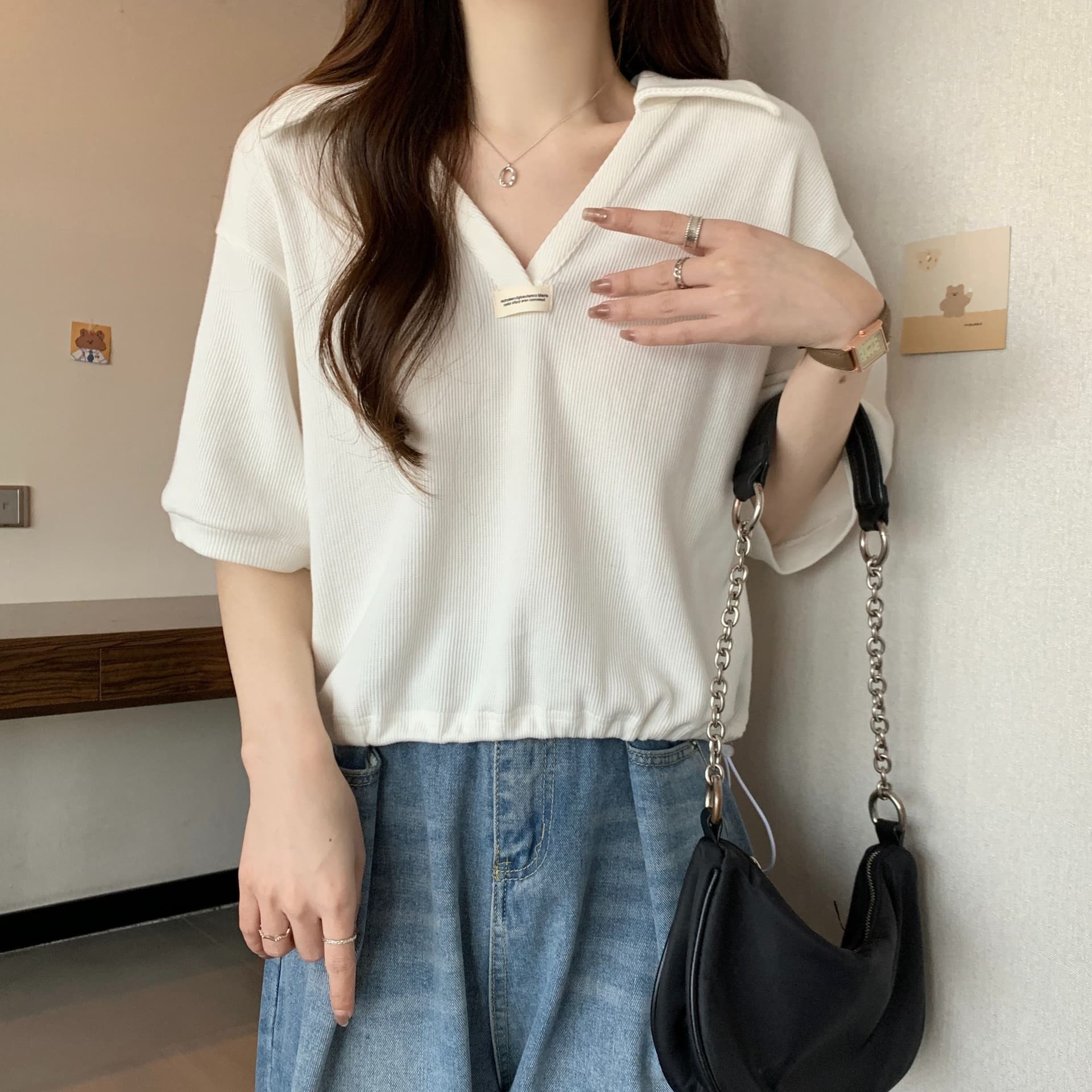 실사 35 면 POLO 칼라 쇼트 스타일 반팔 티셔츠 여성 봄 2025 새로운 티셔츠 맨위 POLO 셔츠 상세 이미지 7