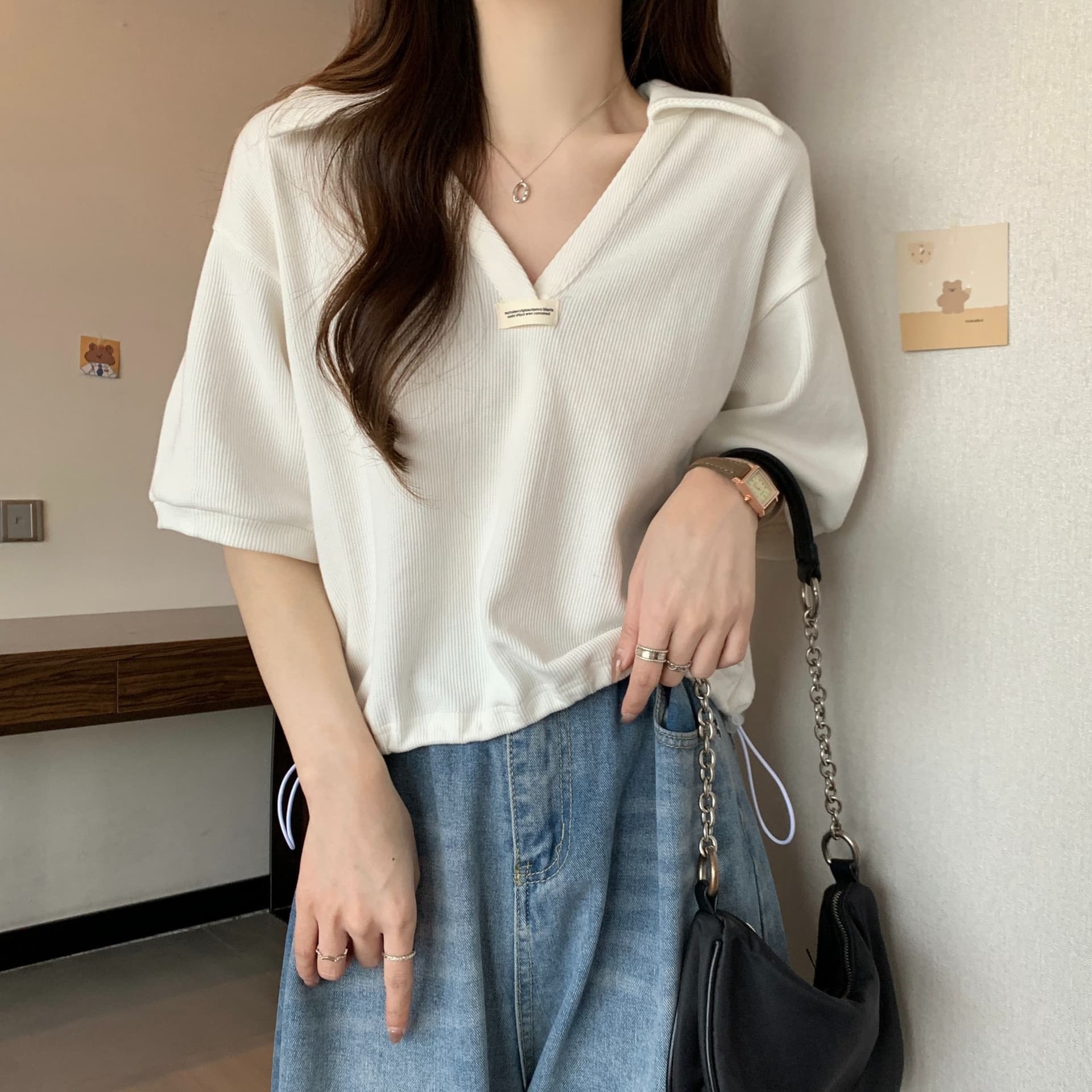 실사 35 면 POLO 칼라 쇼트 스타일 반팔 티셔츠 여성 봄 2025 새로운 티셔츠 맨위 POLO 셔츠 상세 이미지 8