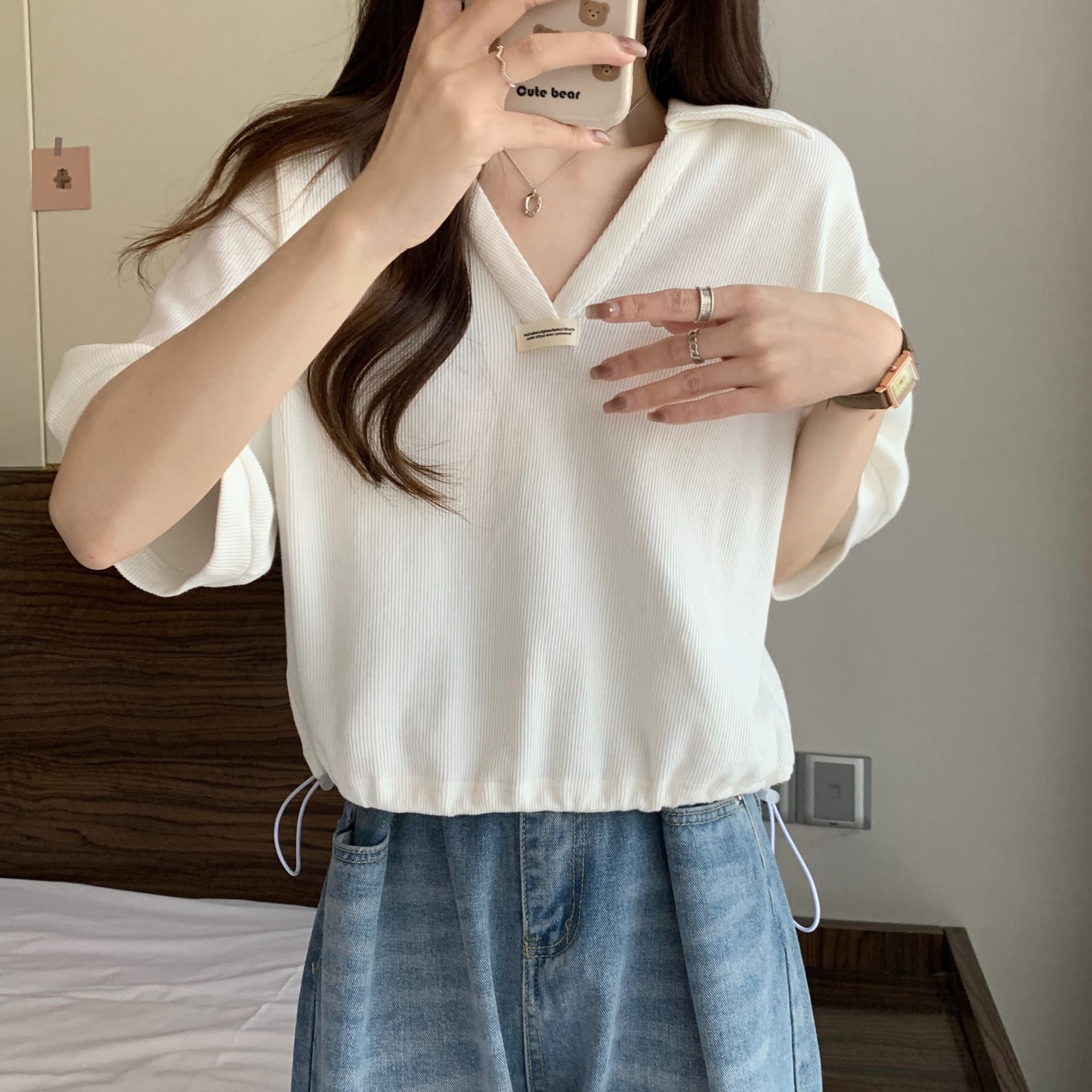 실사 35 면 POLO 칼라 쇼트 스타일 반팔 티셔츠 여성 봄 2025 새로운 티셔츠 맨위 POLO 셔츠 상세 이미지 9