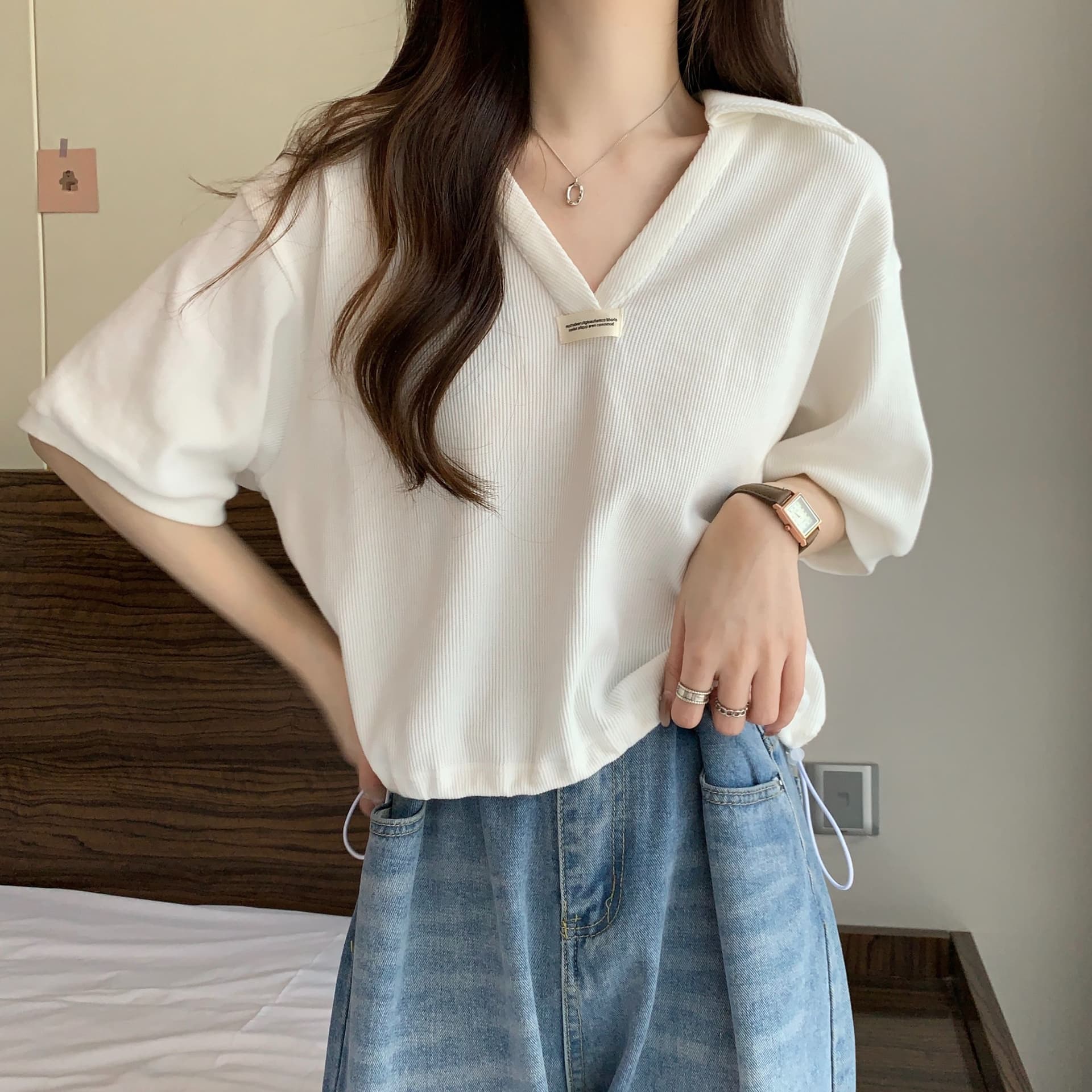 실사 35 면 POLO 칼라 쇼트 스타일 반팔 티셔츠 여성 봄 2025 새로운 티셔츠 맨위 POLO 셔츠 상세 이미지 10