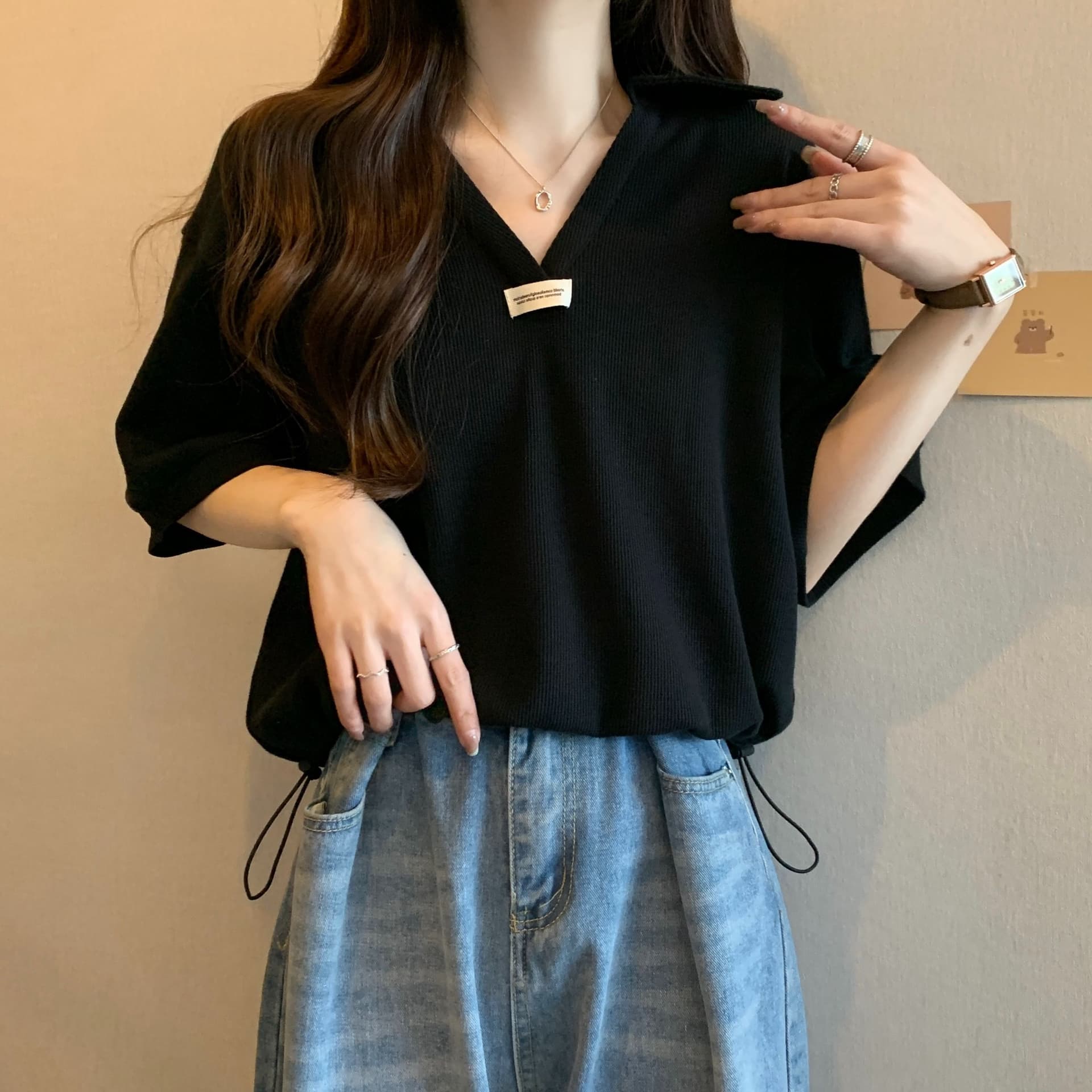 실사 35 면 POLO 칼라 쇼트 스타일 반팔 티셔츠 여성 봄 2025 새로운 티셔츠 맨위 POLO 셔츠 상세 이미지 11