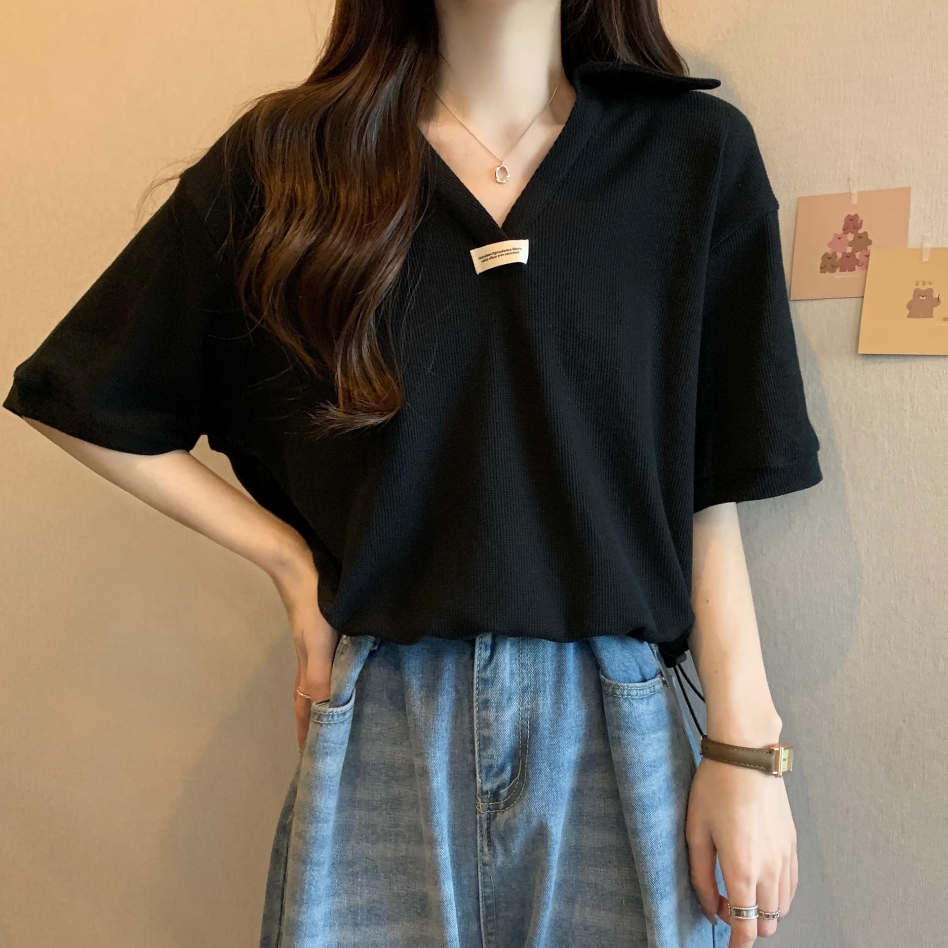 실사 35 면 POLO 칼라 쇼트 스타일 반팔 티셔츠 여성 봄 2025 새로운 티셔츠 맨위 POLO 셔츠 상세 이미지 12
